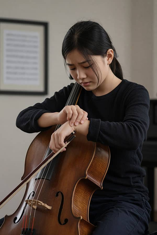 Young cellist pausing mid-practice to hold her wrist in discomfort