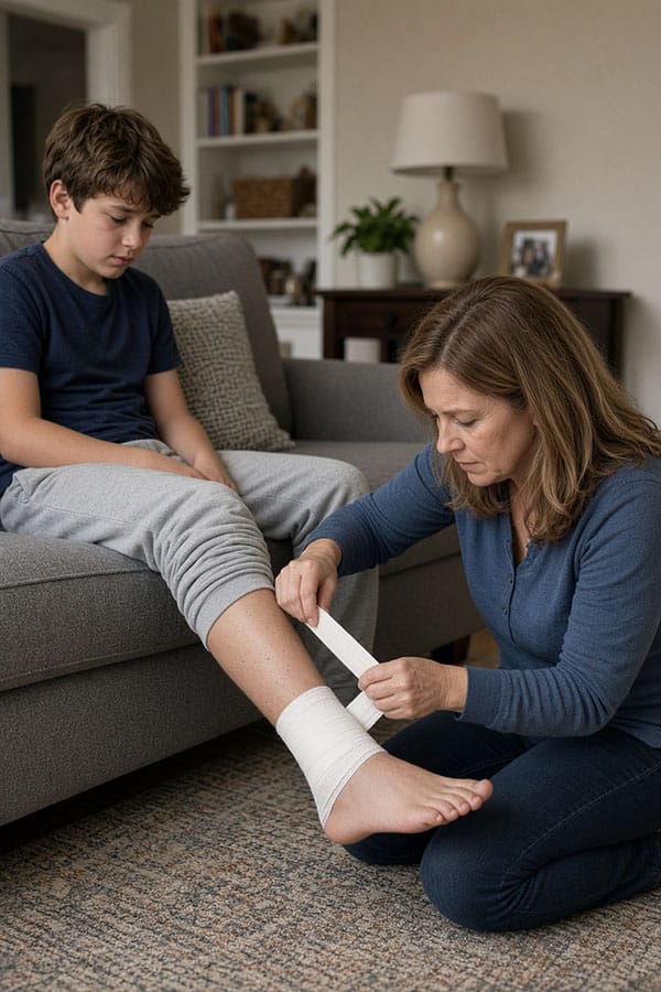 Mom bandaging her son's sprained ankle at home