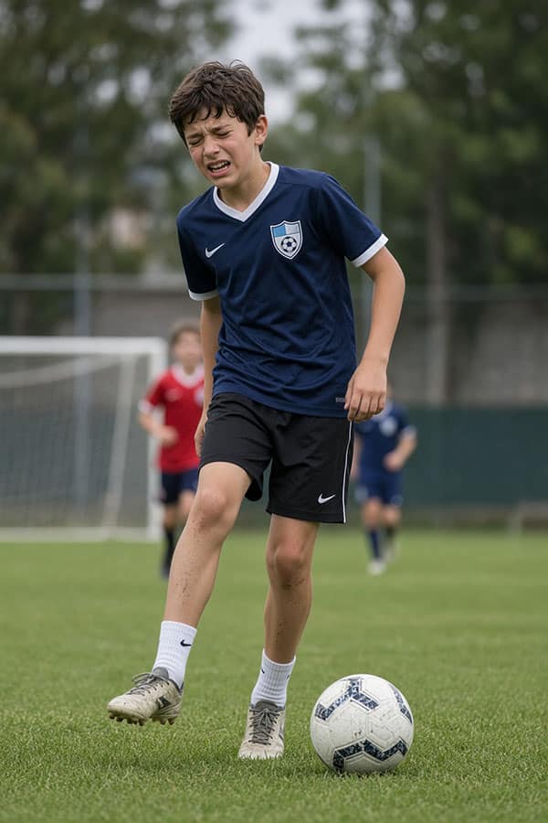 Young soccer player wincing in pain while dribbling the ball