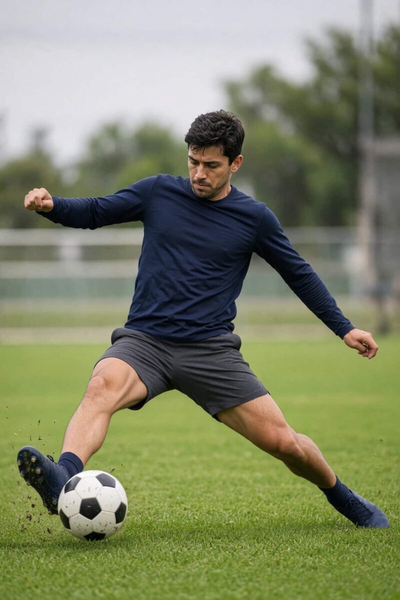 Athlete mid-kick, the position where a groin strain most often happens